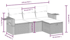 4 pcs conjunto sofás de jardim c/ almofadões vime PE cinzento