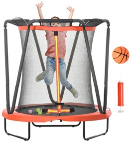 ZONEKIZ Trampolim Infantil Ø140x155 cm Trampolim para Crianças de 3-10 Anos com Cesta de Basquetebol e 20 Bolas de Plástico Vermelho | Aosom Portugal