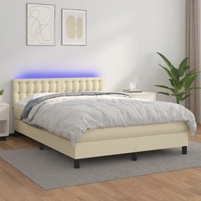 vidaXL Cama box spring c/ colchão/LED 140x190cm couro artificial creme