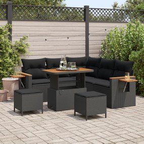 Conjunto de Sofás de Jardim vidaXL de 8 Peças com Almofadas Preto Rattan Poliéster Acácia