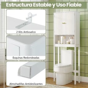 Armário casa banho sobre sanita 60 x 23 x 168 cm com portas caneladas, prateleira ajustável e economizador de espaço branca