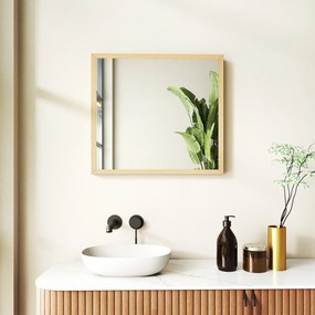 Espelho de parede quadrado de 50 x 50 cm, com moldura em madeira natural, ideal para a casa de banho, sala de estar ou quarto