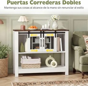 Aparador Armário de cozinha 102 x 32 x 82 cm com 2 compartimentos abertos, prateleira ajustável, portas de correr Branco+Castanho