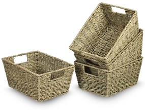 Conjunto de 4 Cestos Rectangulares em Seagrass com Pegas para Cozinha e Lavandaria 30 x 22 x 15,5 cm