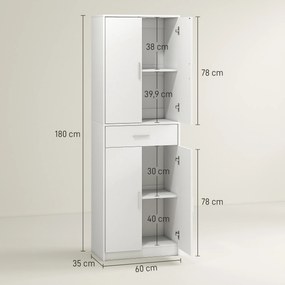 Armário de cozinha moderno com portas 60 x 35 x 180 cm, prateleiras ajustáveis e gaveta, branco