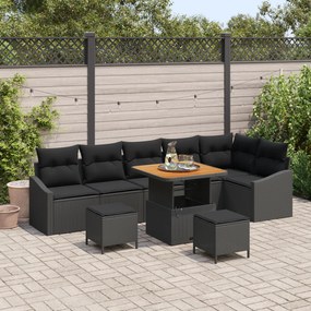 Conjunto de Sofá para Jardim vidaXL 9 Peças com Almofadas Preto Poli Rattan Acácia