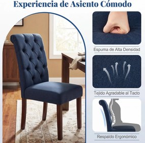 Conjunto de 2 cadeiras de jantar com encosto alto, assento almofadado e pernas em madeira maciça para sala de jantar em azul-marinho