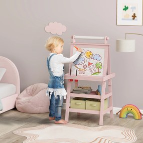 Cavalete de Pintura Infantil 3 em 1 Quadro Dupla Face com Rolo de Papel e Cestos de Arrumação Rosa
