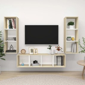 vidaXL 3pcs conj. móveis TV derivados madeira branco/carvalho sonoma