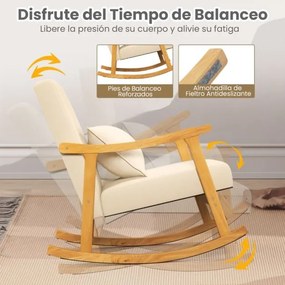 Cadeira de baloiço com almofada lombar Encosto e assento acolchoados Estrutura em madeira de borracha bege