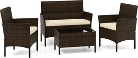 Conjunto de jardim, 4 peças: mobiliário de exterior com cadeira, sofá de 2 lugares e mesa de vidro temperado Castanho misto e almofadas Creme