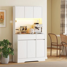 Armário de cozinha 100 x 38 x 180 cm com iluminação LED RGB, bancada, 6 portas, 2 gavetas, branco