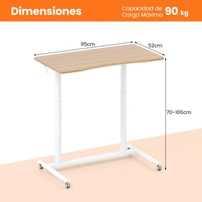 Secretária com altura ajustável em C 95 x 52 x 70-106 cm com rodas bloqueáveis e estrutura metálica para escritório Natural