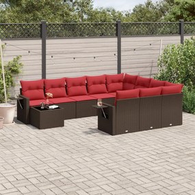 vidaXL 11 pcs conjunto sofás de jardim c/ almofadões vime PE castanho