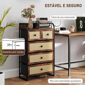 Cómoda de Tecido para Quarto com 5 Gavetas com Frente em Vime e Prateleira 58x29x99 cm Castanho Rústico