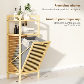 Armário para Roupa de Bambu Móvel Auxiliar para Casa de Banho 40x30x95 cm com 2 Prateleiras Abertas Cesto Amovível Madeira