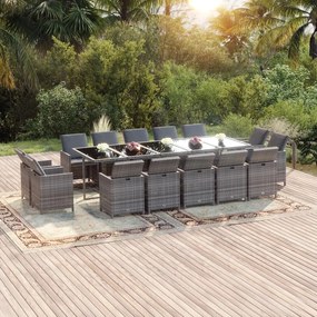 vidaXL 15 pcs conjunto jantar p/ jardim c/ almofadões vime PE cinzento