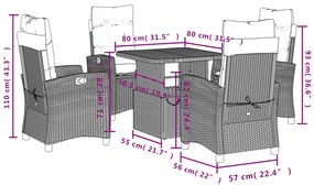 5 pcs conjunto de jantar p/ jardim c/ almofadões vime PE preto