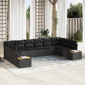 Conjunto de Sofás de Jardim com Almofadas Preto Vime Sintético Acácia