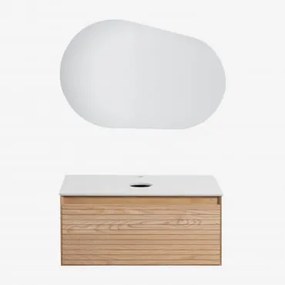 Conjunto De Móvel De Casa De Banho Suspenso 80x50 Cm Em Madeira De Freixo Tedrik Castanho Fresno & Sem Lavatório & Oval Led - Sklum