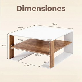 Mesa de Centro, 75 x 75 x 40 cm, Estante Inferior Espaçosa, Natural e Branco