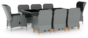 vidaXL 9 pcs conj. jantar exterior + almofadões vime PE cinzento-claro