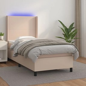 Cama box spring c/colchão/LED 100x200cm couro artif. cappuccino