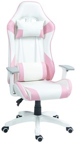 Cadeira Gaming Reclinável com Almofada Lombar Apoio de Cabeça Basculante e Altura Ajustável 67x60x120-128 cm Branco e Rosa