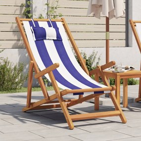 vidaXL Cadeira praia dobrável mad. eucalipto maciça/tecido azul/branco