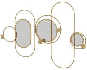 Cabide de Parede com 4 Ganchos e 3 Espelhos Decorativos para Pendurar Casacos Bolsas para Entrada Corredor 106x71 cm Dourado