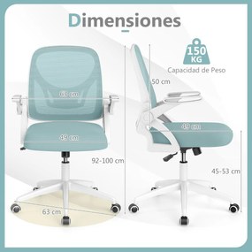 Cadeira de escritório ergonómica com apoio lombar integrado, apoios de braços rebatíveis, rodas universais, altura ajustável, Azul