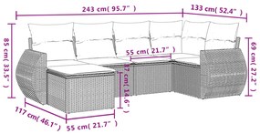 6 pcs conjunto sofás de jardim com almofadões vime cinzento
