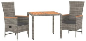 3 pcs conjunto de jantar p/ jardim c/ almofadões vime PE cinza
