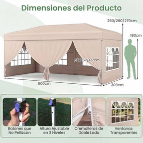 Tenda dobrável com 6 painéis laterais 300 x 600 x 250-270 cm, 6 x Sacos de areia, estrutura metálica, altura ajustável, 10 estacas, 6 cordas, saco com