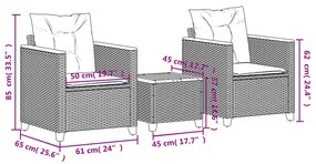 Conjunto de bistrô com almofadões 3 pcs vime PE e acácia bege