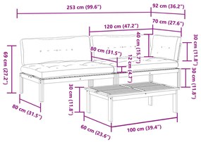 3 pcs móveis de paletes p/ jardim c/ almofadões acácia maciça