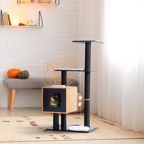Arranhador para gatos com design contemporâneo 71,5 x 49,5 x 120 cm, sisal natural, centro de atividades, compartimentos abertos, plataformas de brinc