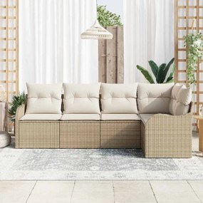 Conjunto de Sofá de Jardim 5 Peças com Almofadas beje, Rattan Poliprop