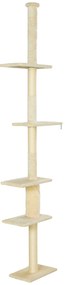 PawHut Arranhador para Gatos do Chão ao Teto 225-275 cm Torre para Gatos com Múltiplas Plataformas Sistema Anti-Tombo Creme
