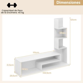 Móvel de TV 144,5 x 29,5 x 121 cm com cubos para TVs até 50” Mesa de consola com Estantes em L e compartimentos abertos para sala de estar Branca