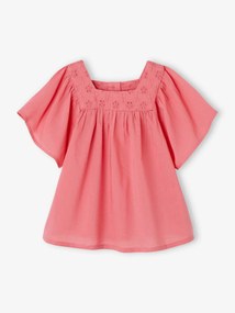 Blusa com decote quadrado, em bordado inglês, para bebé rosa-framboesa