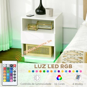 HOMCOM Mesa de Cabeceira Moderna com Luz LED Mesa de Cabeceira com Controlo Remoto Gaveta de Alto Brilho e 2 Prateleiras para Sala de Estar Dormitório 40x40x55 cm Branco