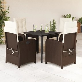 vidaXL 5 pcs conjunto jantar p/ jardim c/ almofadões vime PE castanho