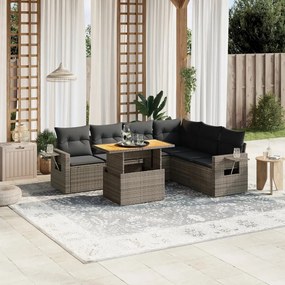 7 pcs conjunto sofás p/ jardim c/ almofadões vime PE cinzento
