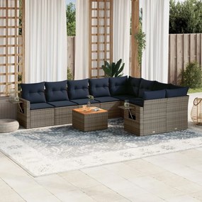 vidaXL 10 pcs conjunto sofás p/ jardim c/ almofadões vime PE cinzento