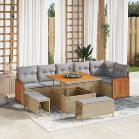 Conjunto de Sofá de Jardim de 9 Peças com Almofadas Bege Rattan Sintético Acácia