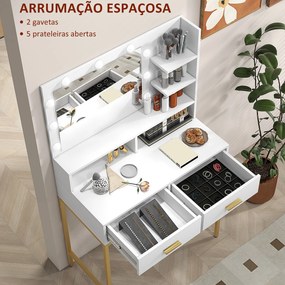 Toucador de Maquilhagem com Luz e Banco Mesa de Maquilhagem com 2 Gavetas e Prateleiras Estilo Moderno para Quarto Branco