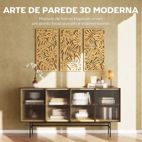 Decoração de Parede de Madeira 3D 3 Peças 40x80 cm Adornos com Padrão de Folhas Tropicais Madeira