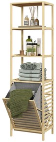 Estante de Casa de Banho em Bambu com 3 Prateleiras e 1 Cesto para Roupa Suja Removível 44x33x160 cm Natural