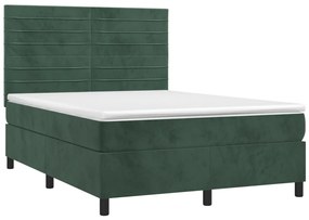 Cama box spring c/ colchão/LED 140x200 cm veludo verde-escuro